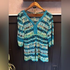 Catherines Blue Teal V-neck 3/4 Sleeve Embroidered Detail Blouse Size OX  14/16W